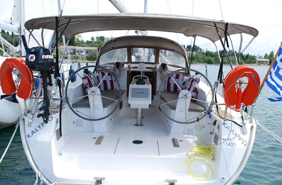 Cockpit of Kalypso, a Bavaria Cruiser 41 sailboat at Kontokali, Greece