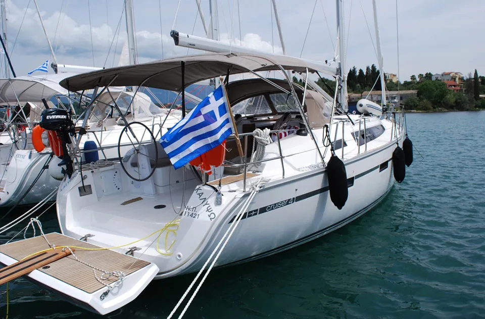 Exterior view of Kalypso, a Bavaria Cruiser 41 sailboat at Kontokali, Greece