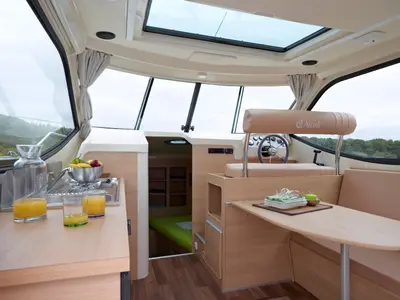 Cockpit of Cantate, a Nicols Sedan Primo motorboat at Grez-Neuville, France