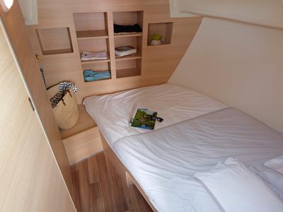 Cabin on Cantate, a Nicols Sedan Primo motorboat at Grez-Neuville, France