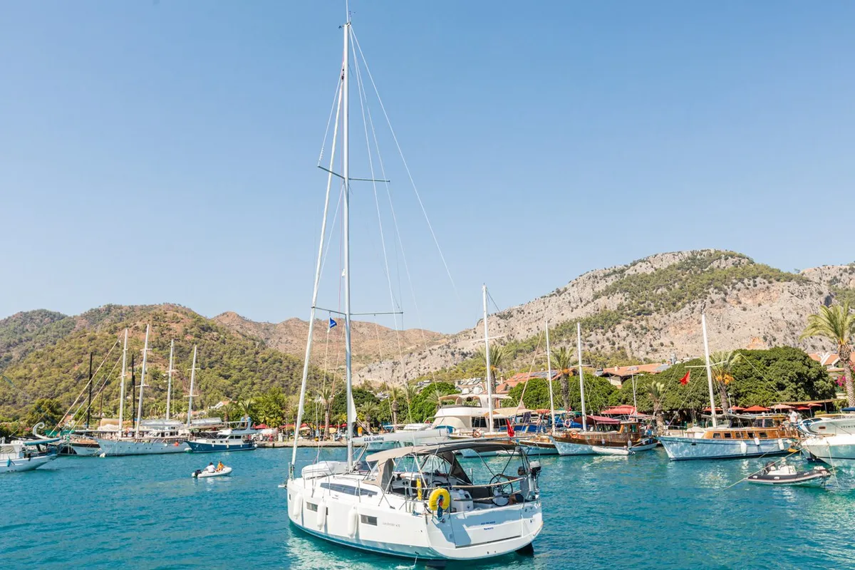 Exterior view of Feel The Magic, a Jeanneau Sun Odyssey 410 sailboat at Marmaris, Turkey