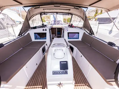 Cockpit of Feel The Magic, a Jeanneau Sun Odyssey 410 sailboat at Marmaris, Turkey