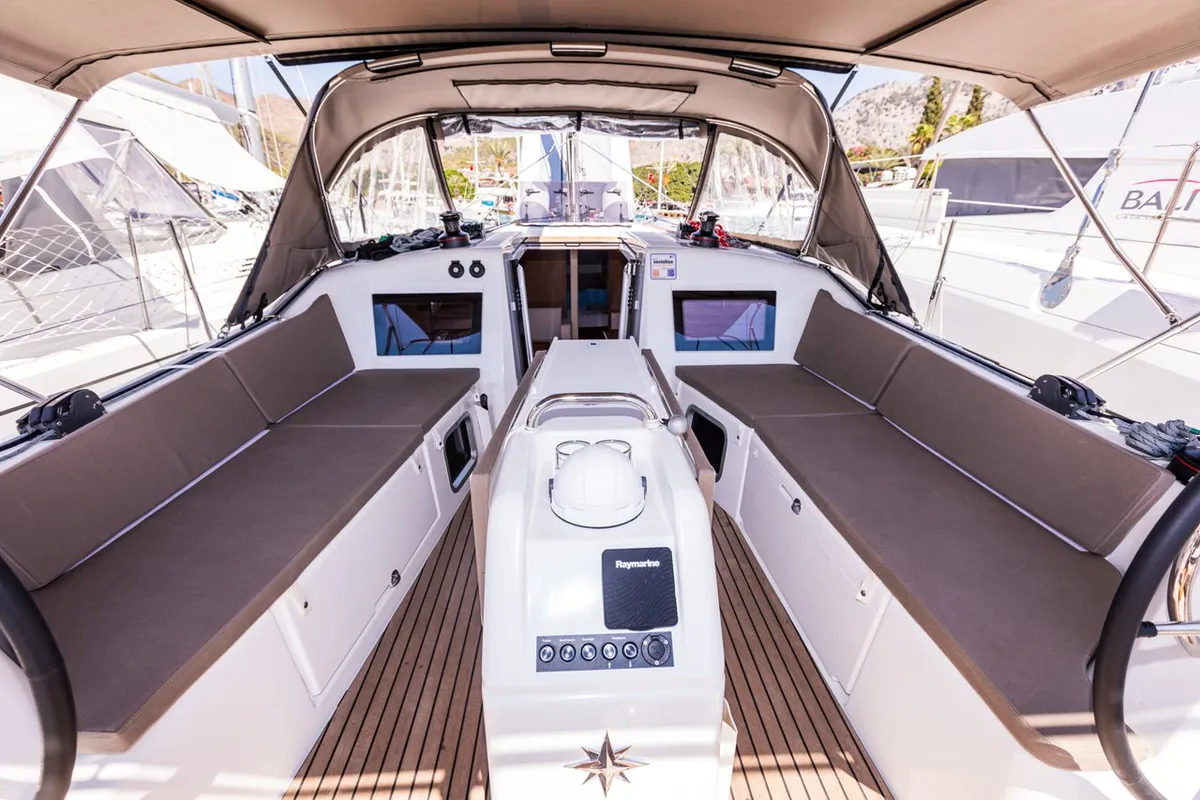 Cockpit of Feel The Magic, a Jeanneau Sun Odyssey 410 sailboat at Marmaris, Turkey