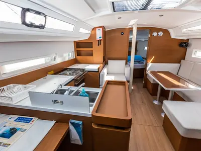 Galley of Feel The Magic, a Jeanneau Sun Odyssey 410 sailboat at Marmaris, Turkey