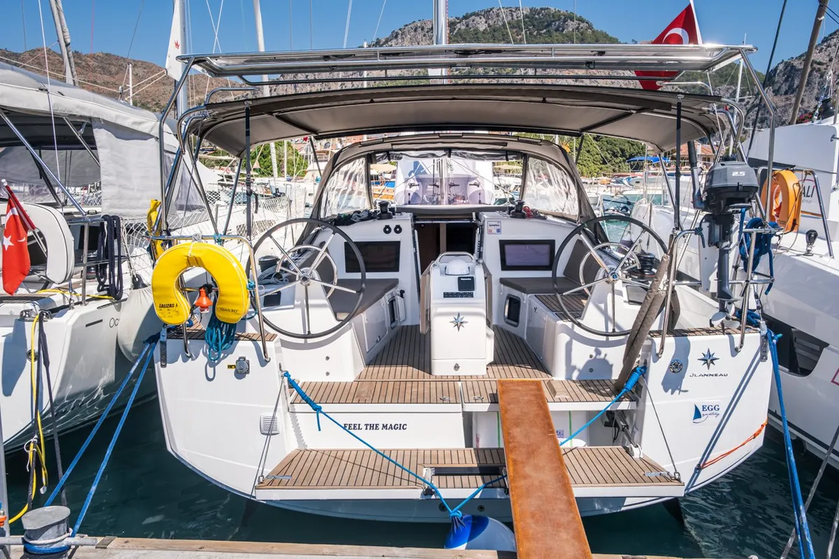 Deck of Feel The Magic, a Jeanneau Sun Odyssey 410 sailboat at Marmaris, Turkey