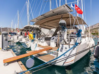 Deck of Feel The Magic, a Jeanneau Sun Odyssey 410 sailboat at Marmaris, Turkey
