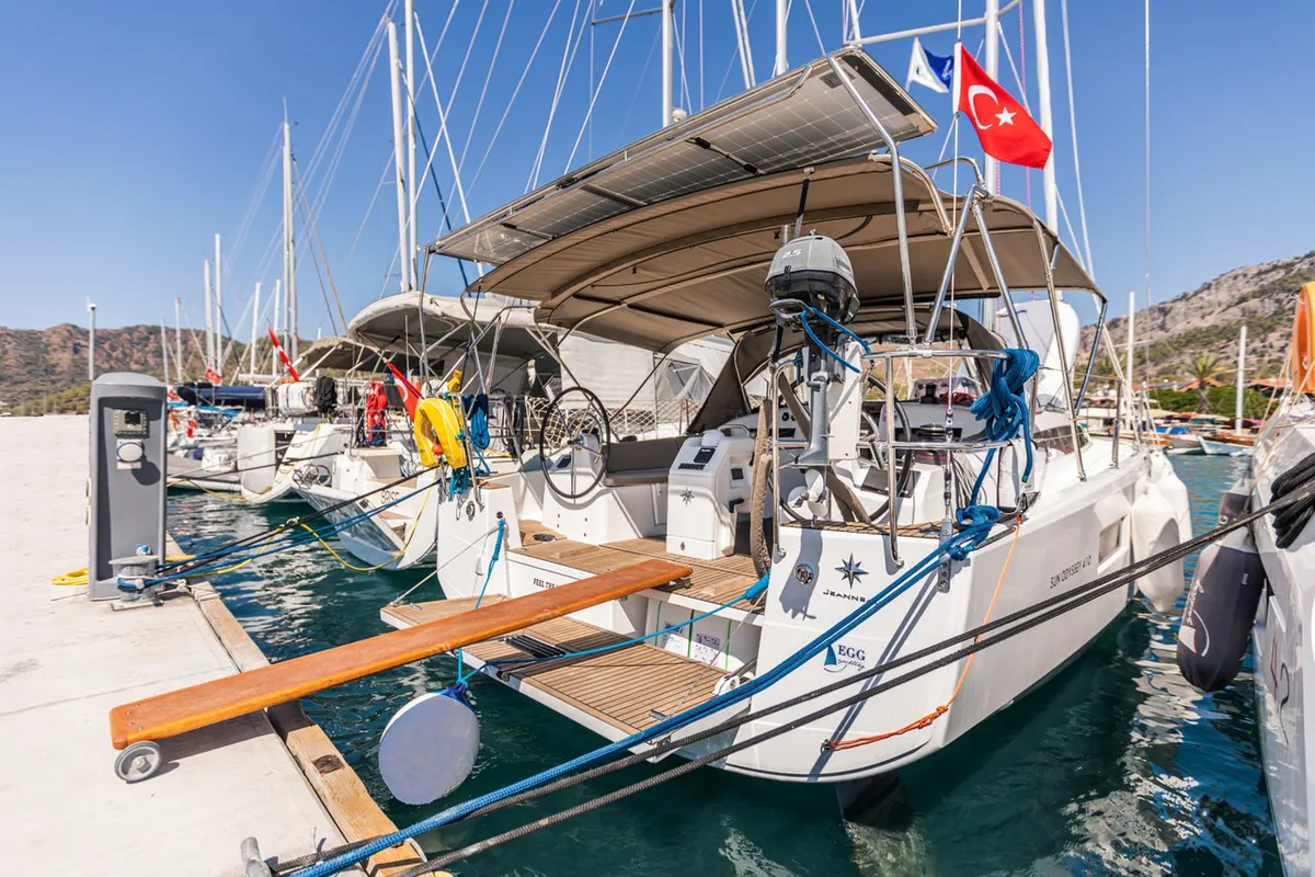 Deck of Feel The Magic, a Jeanneau Sun Odyssey 410 sailboat at Marmaris, Turkey