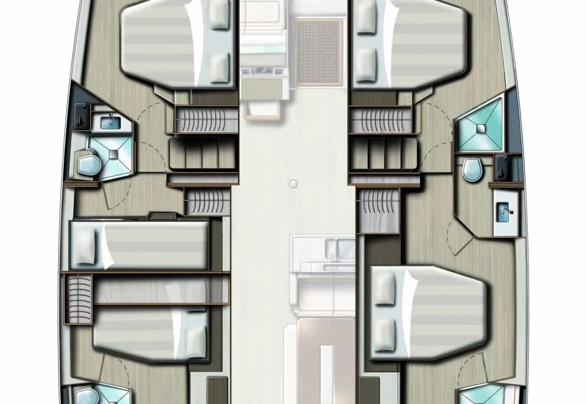 Floor plan of Oksy, a Bali 4.8 catamaran at Lavreotiki Municipal Unit, Greece
