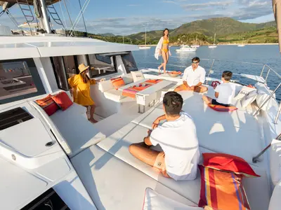 Deck of Oksy, a Bali 4.8 catamaran at Lavreotiki, Greece
