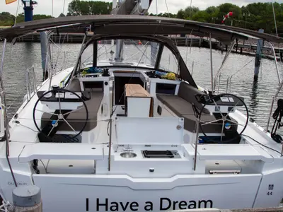 Cockpit of I Have A Dream, a Dufour 44 sailboat at Rostock, Germany