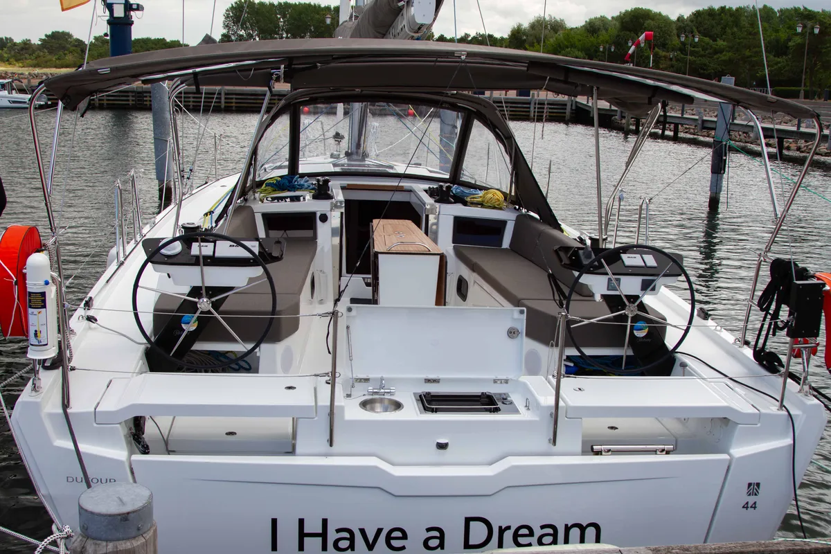 Cockpit of I Have A Dream, a Dufour 44 sailboat at Rostock, Germany