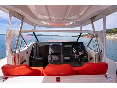 Cockpit of Pura Vida, a Nimbus Tender T11 motorboat at Split, Croatia