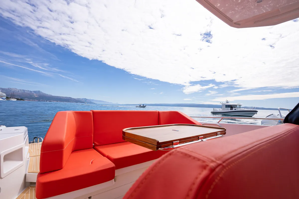 Deck of Pura Vida, a Nimbus Tender T11 motorboat at Split, Croatia