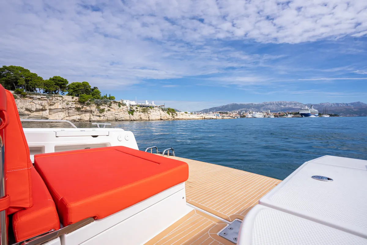 Deck of Pura Vida, a Nimbus Tender T11 motorboat at Split, Croatia