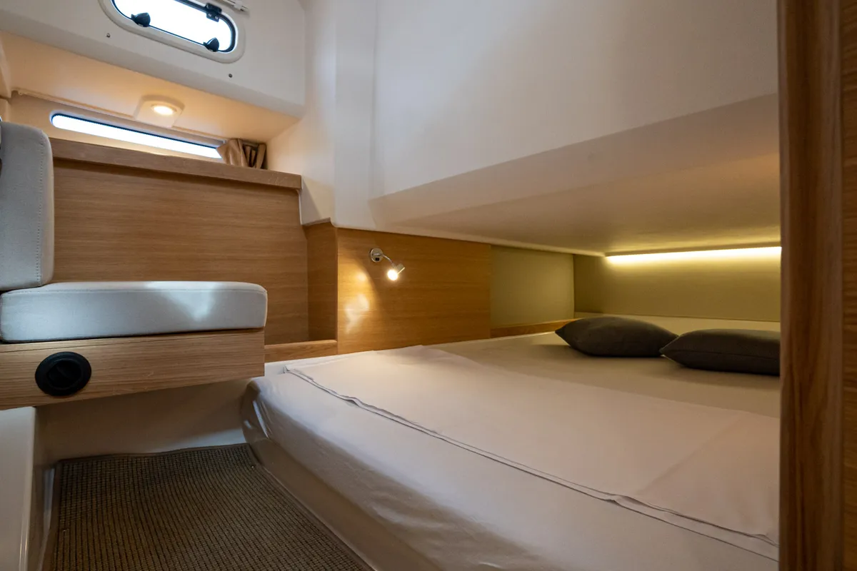 Cabin on Pura Vida, a Nimbus Tender T11 motorboat at Split, Croatia