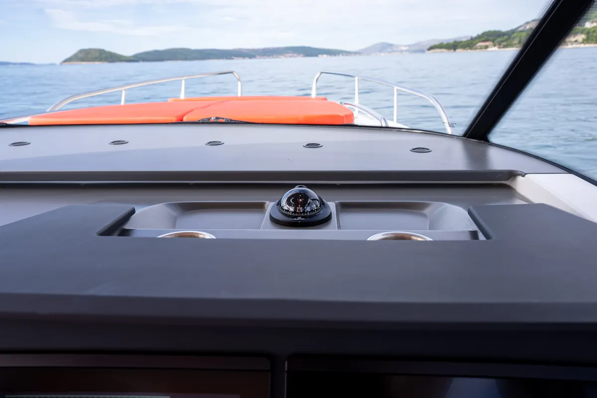 Deck of Pura Vida, a Nimbus Tender T11 motorboat at Split, Croatia