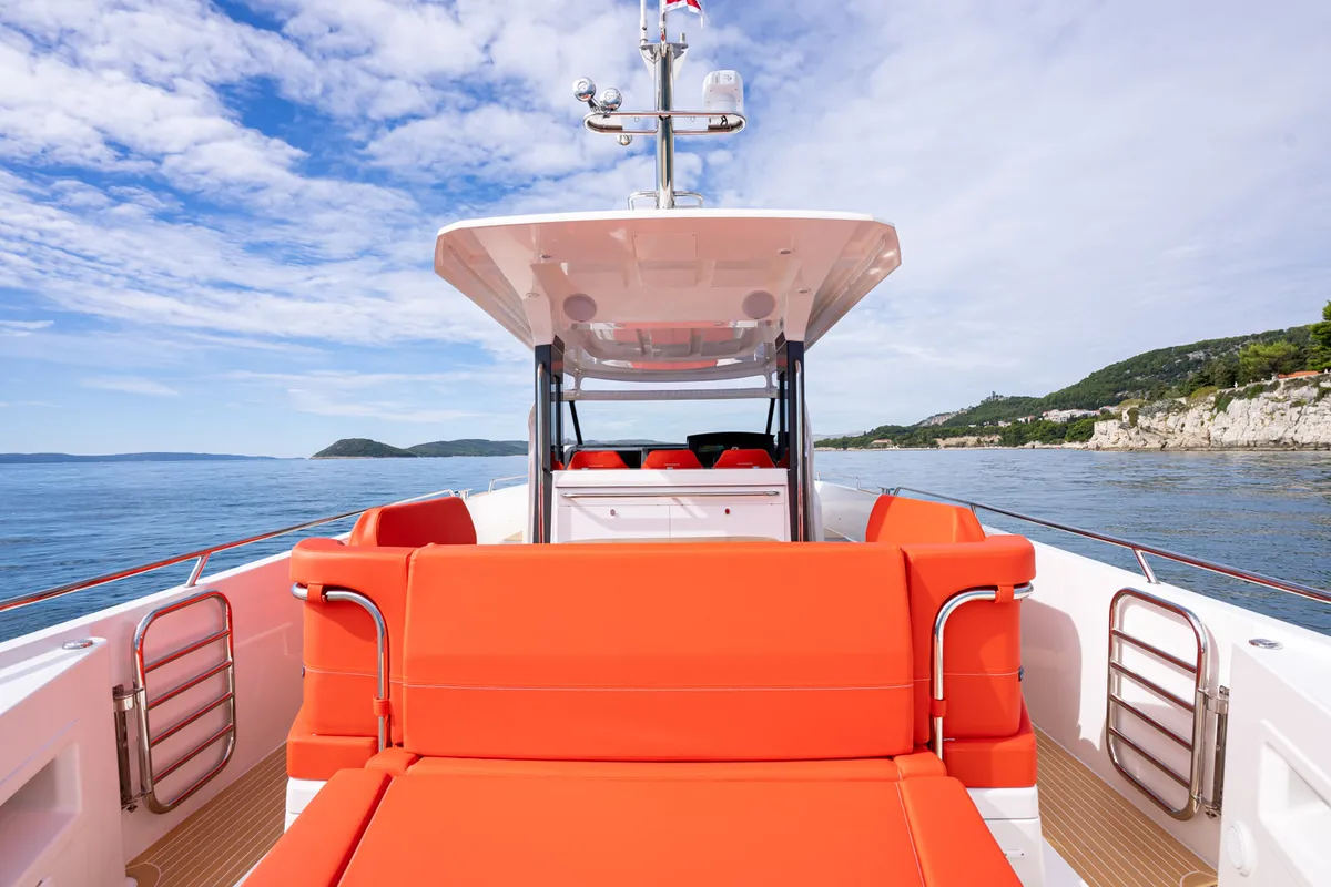 Deck of Pura Vida, a Nimbus Tender T11 motorboat at Split, Croatia