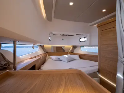 Cabin on Pura Vida, a Nimbus Tender T11 motorboat at Split, Croatia