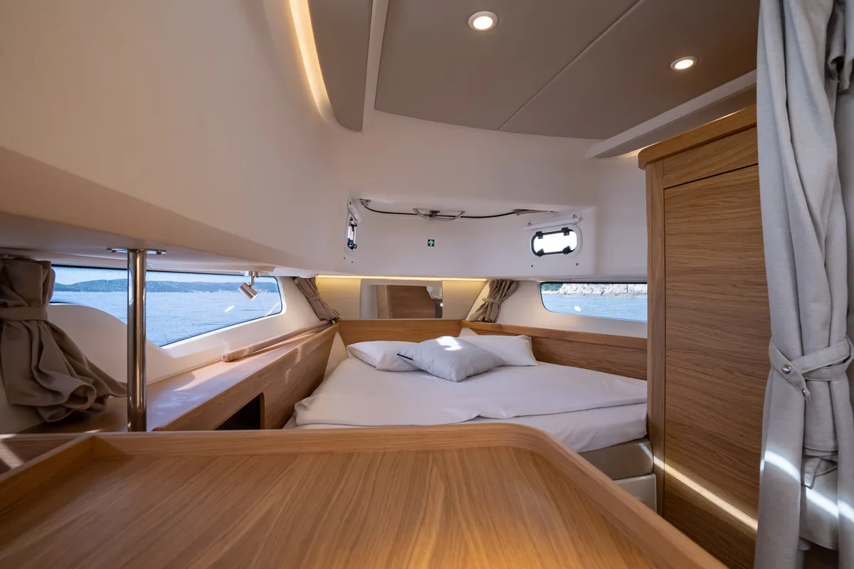Cabin on Pura Vida, a Nimbus Tender T11 motorboat at Split, Croatia
