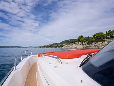 Deck of Pura Vida, a Nimbus Tender T11 motorboat at Split, Croatia