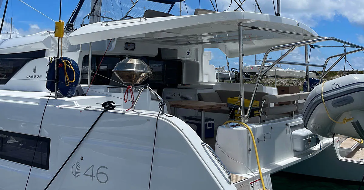 Exterior view of Pebbles, a Lagoon 46 catamaran at Road Town, British Virgin Islands