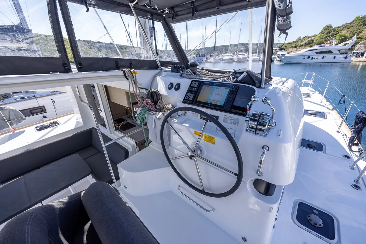 Cockpit of Abalone, a Lagoon 40 catamaran at Primošten, Croatia
