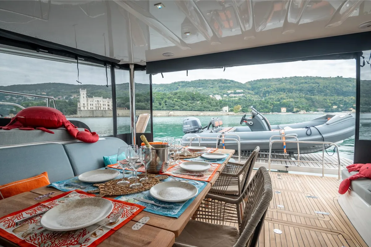 Deck of Utopia, a Lagoon 55 catamaran at Athens, Greece