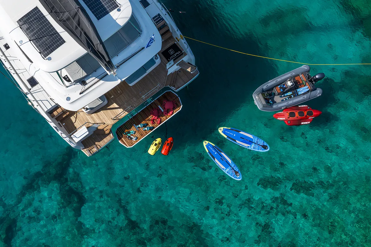 Exterior view of Utopia, a Lagoon 55 catamaran at Athens, Greece