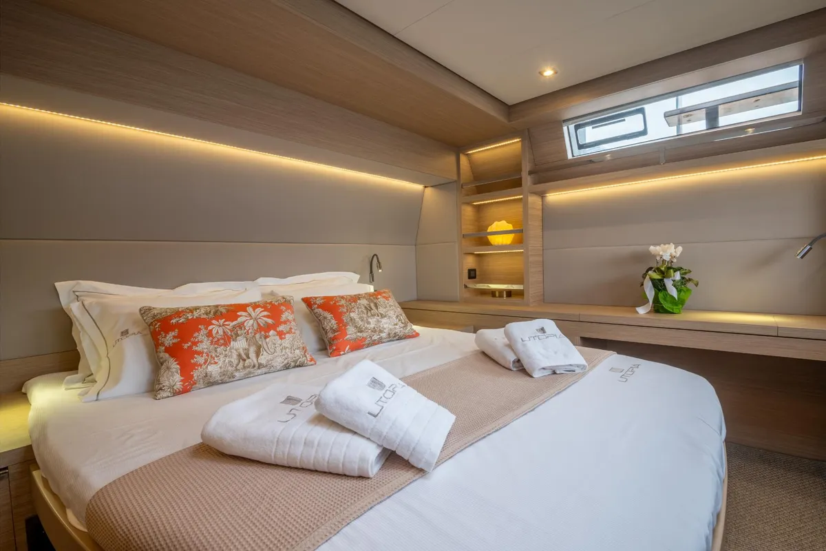 Cabin on Utopia, a Lagoon 55 catamaran at Athens, Greece