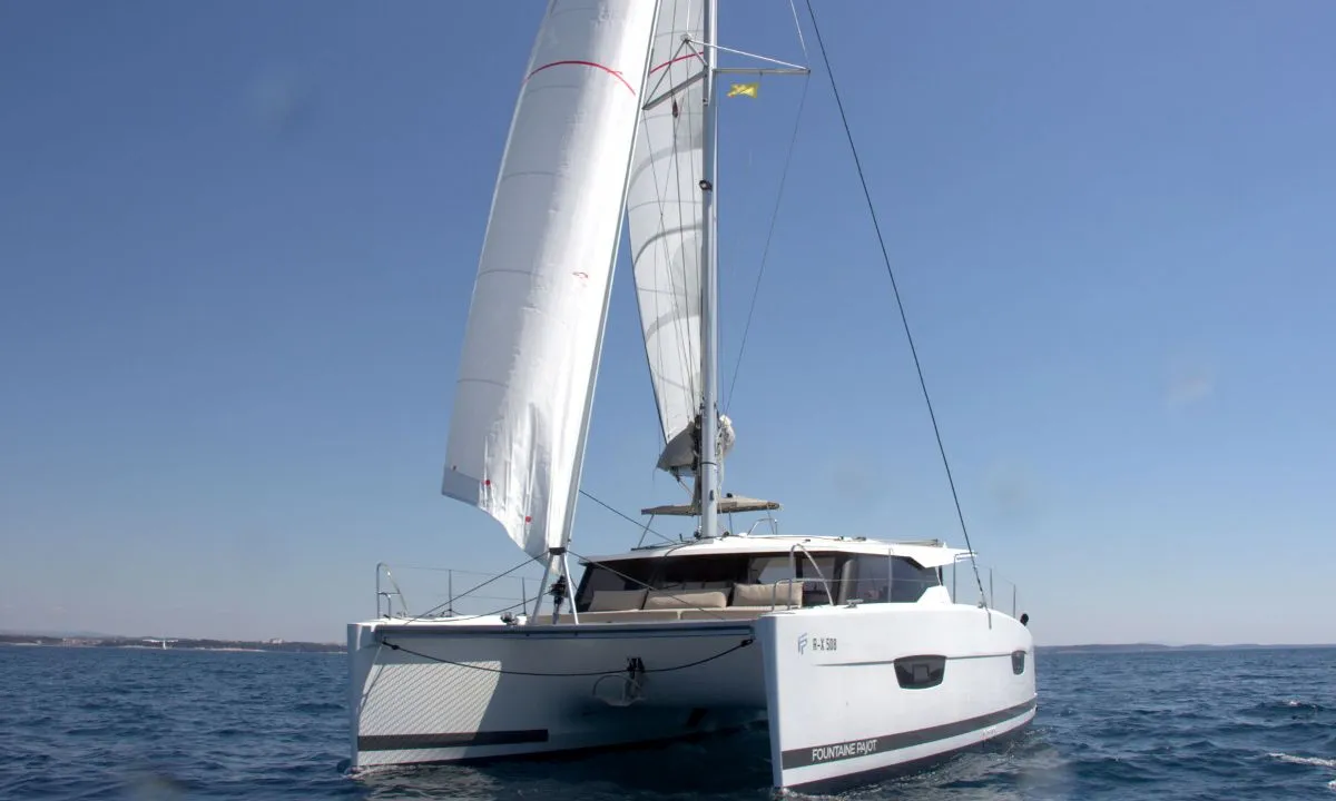 Exterior view of Luna Rossa II, a Fountaine Pajot Lucia 40 catamaran at Punat, Croatia
