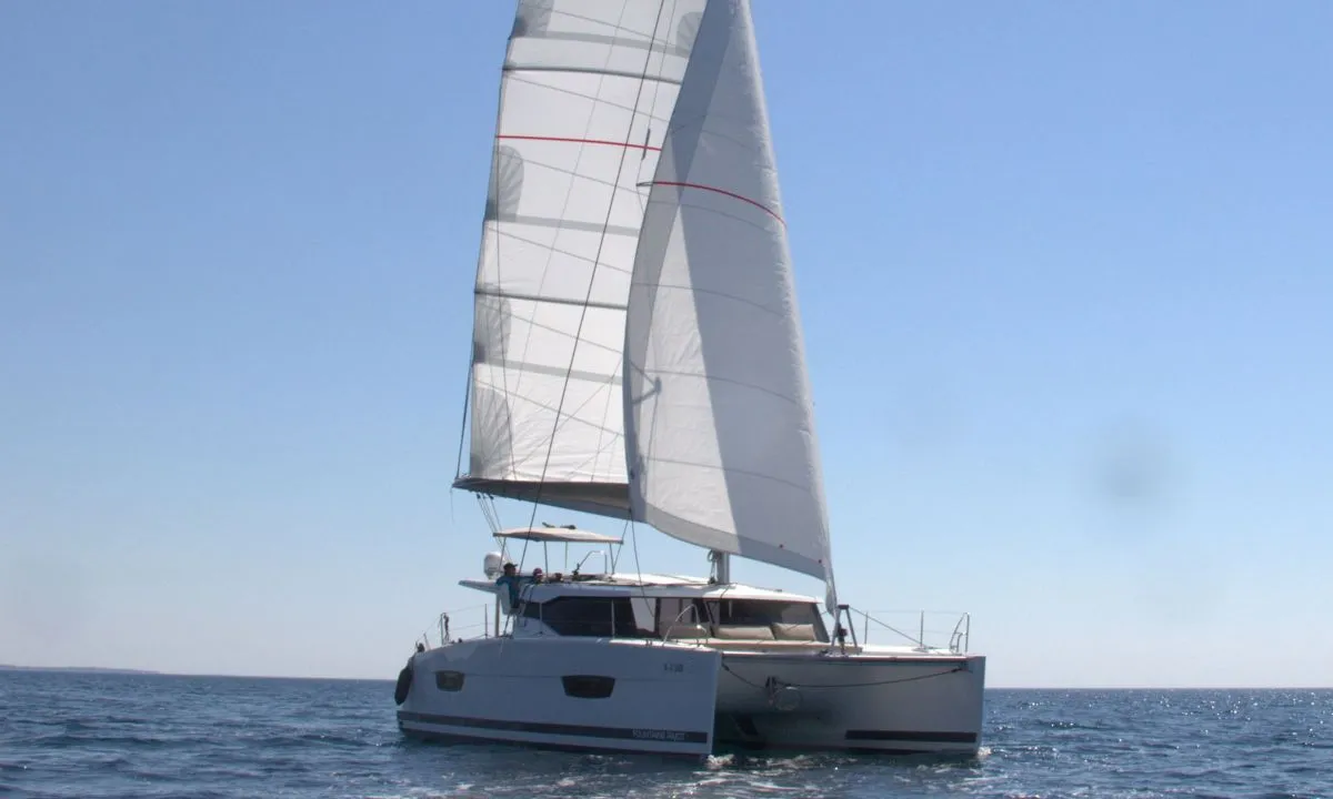 Exterior view of Luna Rossa II, a Fountaine Pajot Lucia 40 catamaran at Punat, Croatia
