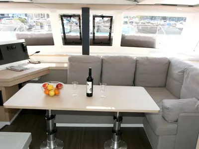 Salon of Luna Rossa II, a Fountaine Pajot Lucia 40 catamaran at Punat, Croatia