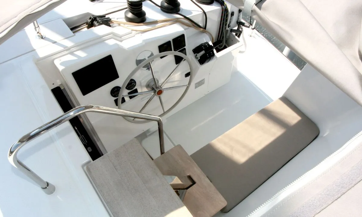 Cockpit of Luna Rossa II, a Fountaine Pajot Lucia 40 catamaran at Punat, Croatia