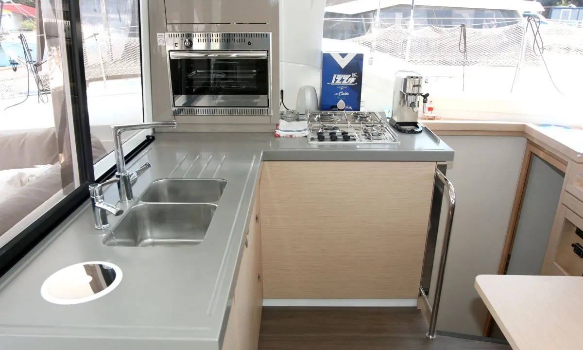 Galley of Luna Rossa II, a Fountaine Pajot Lucia 40 catamaran at Punat, Croatia