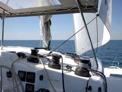 Cockpit of Luna Rossa II, a Fountaine Pajot Lucia 40 catamaran at Punat, Croatia