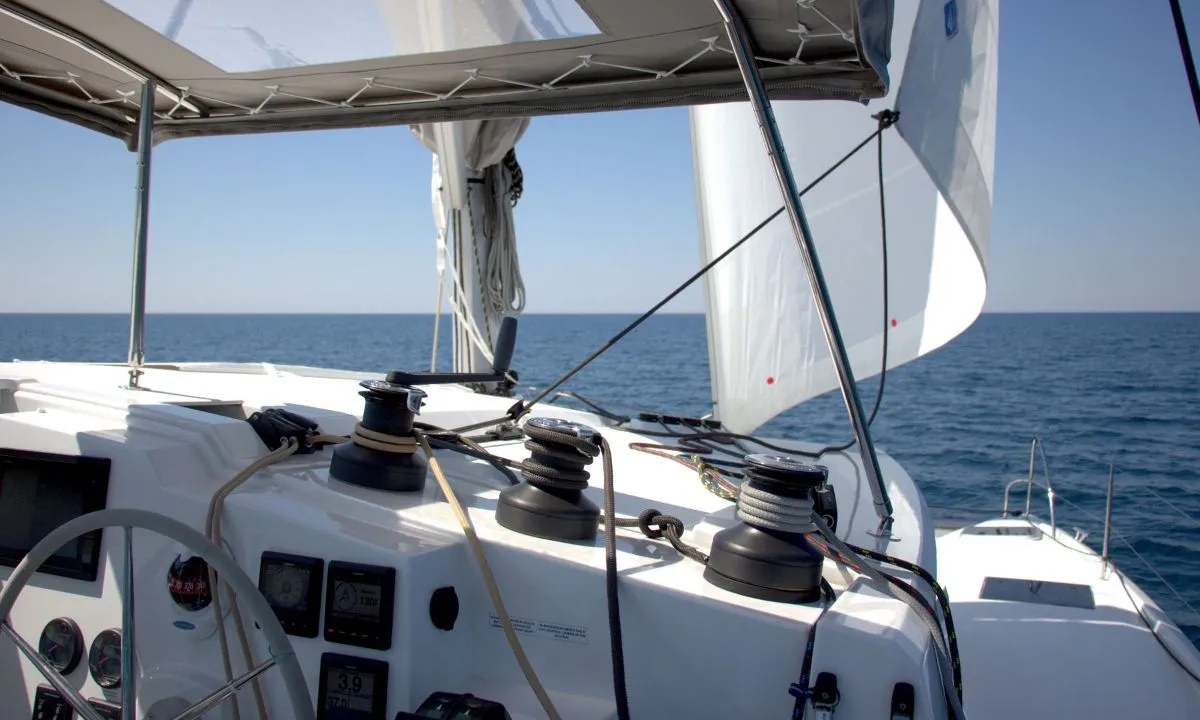 Cockpit of Luna Rossa II, a Fountaine Pajot Lucia 40 catamaran at Punat, Croatia