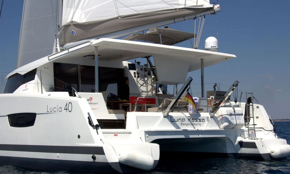 Exterior view of Luna Rossa II, a Fountaine Pajot Lucia 40 catamaran at Punat, Croatia