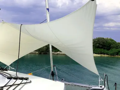 Deck of Luna Rossa II, a Fountaine Pajot Lucia 40 catamaran at Punat, Croatia