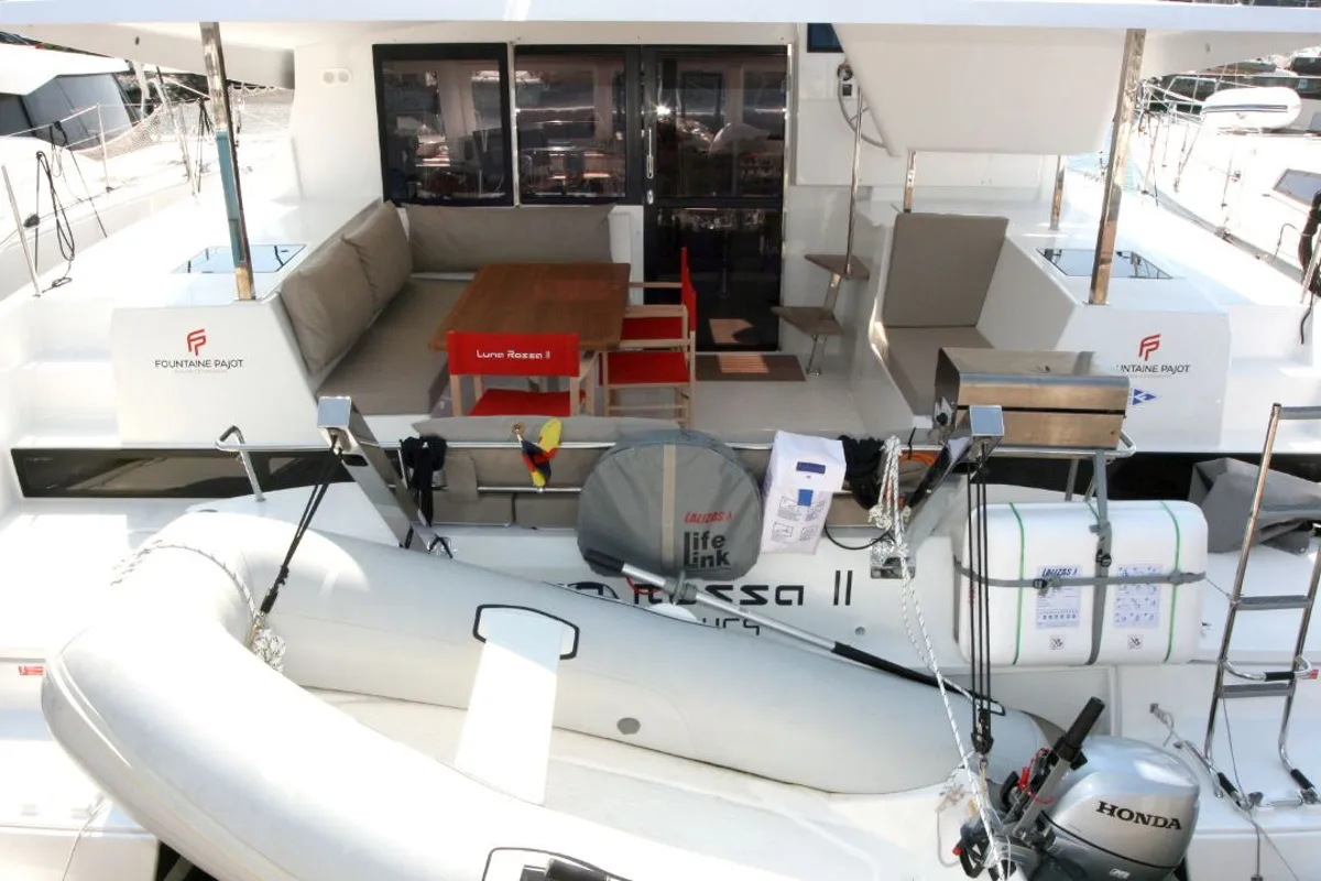Deck of Luna Rossa II, a Fountaine Pajot Lucia 40 catamaran at Punat, Croatia