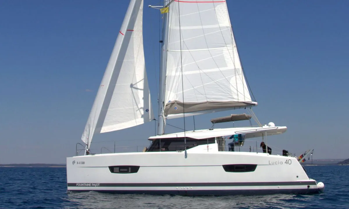 Exterior view of Luna Rossa II, a Fountaine Pajot Lucia 40 catamaran at Punat, Croatia