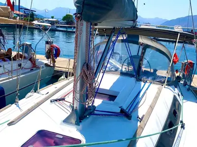Deck of Smyrna, a Beneteau Oceanis 34 sailboat at Marmaris, Turkey