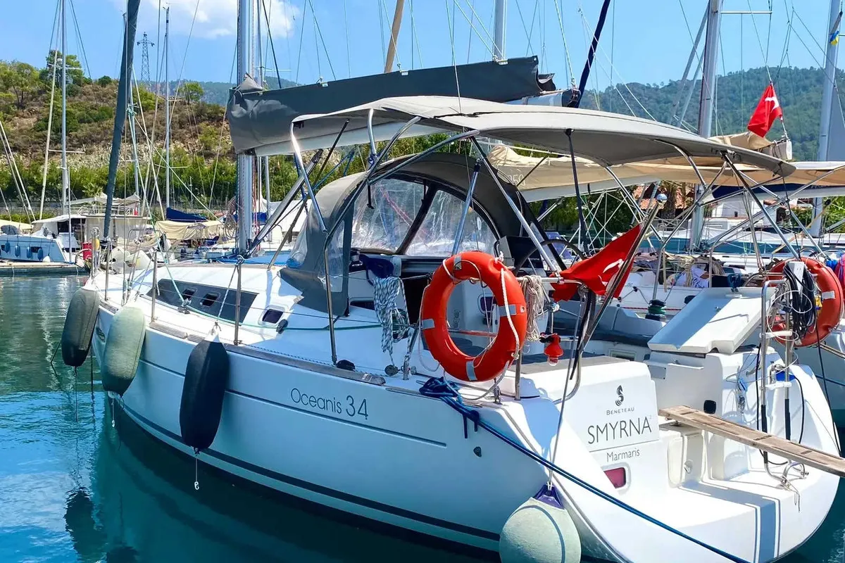 Exterior view of Smyrna, a Beneteau Oceanis 34 sailboat at Marmaris, Turkey