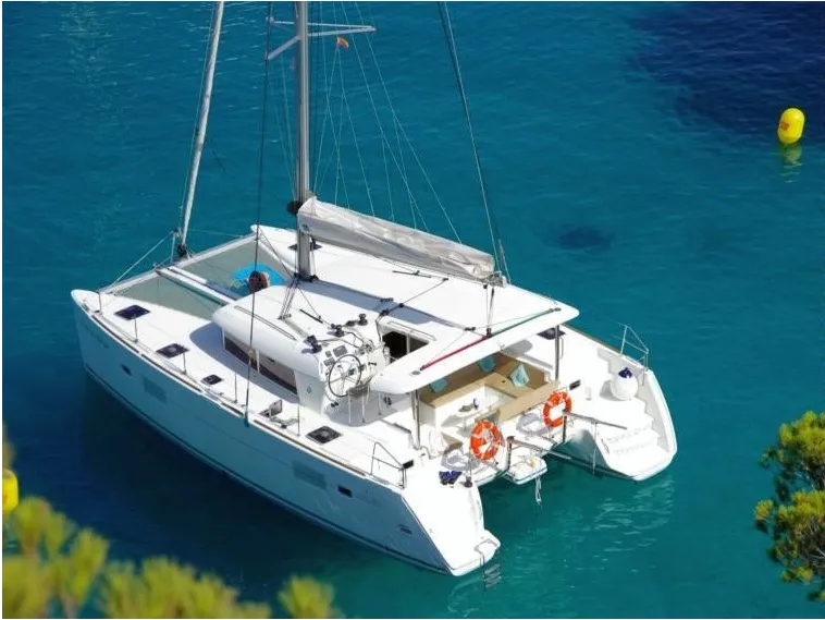 Exterior view of Auster, a Lagoon 400 S2 catamaran at Punta Ala, Italy