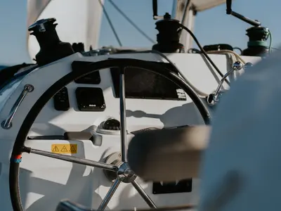 Cockpit of Auster, a Lagoon 400 S2 catamaran at Punta Ala, Italy