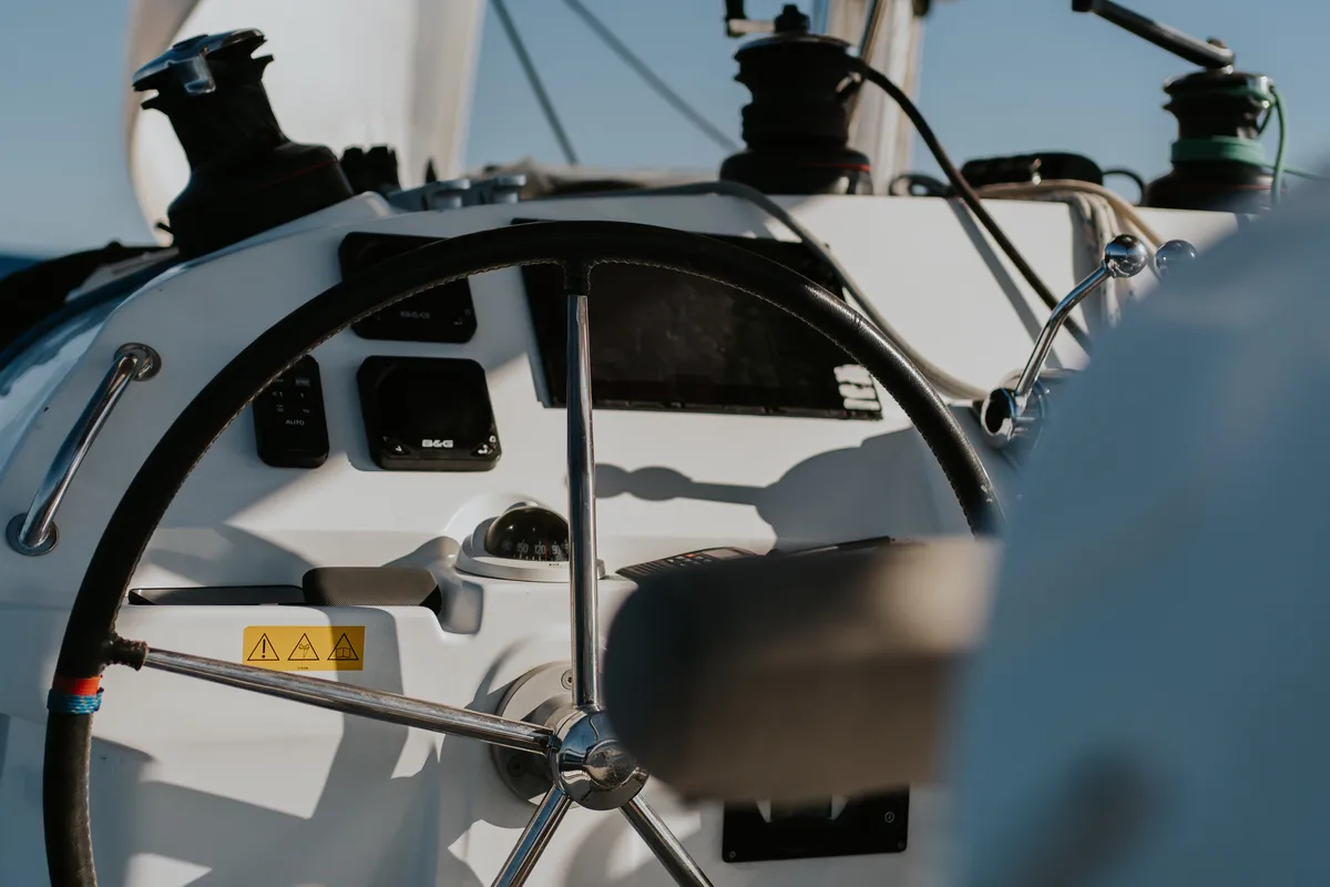 Cockpit of Auster, a Lagoon 400 S2 catamaran at Punta Ala, Italy