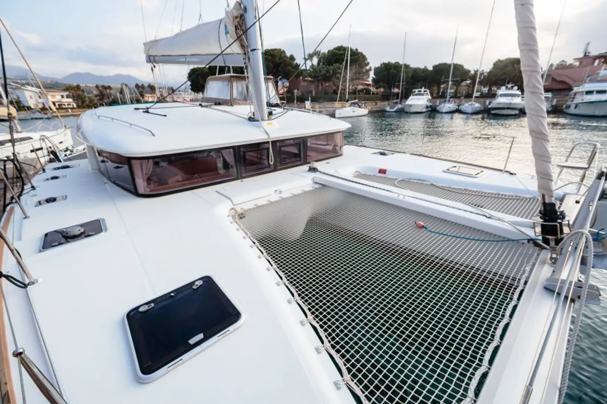Deck of Auster, a Lagoon 400 S2 catamaran at Punta Ala, Italy