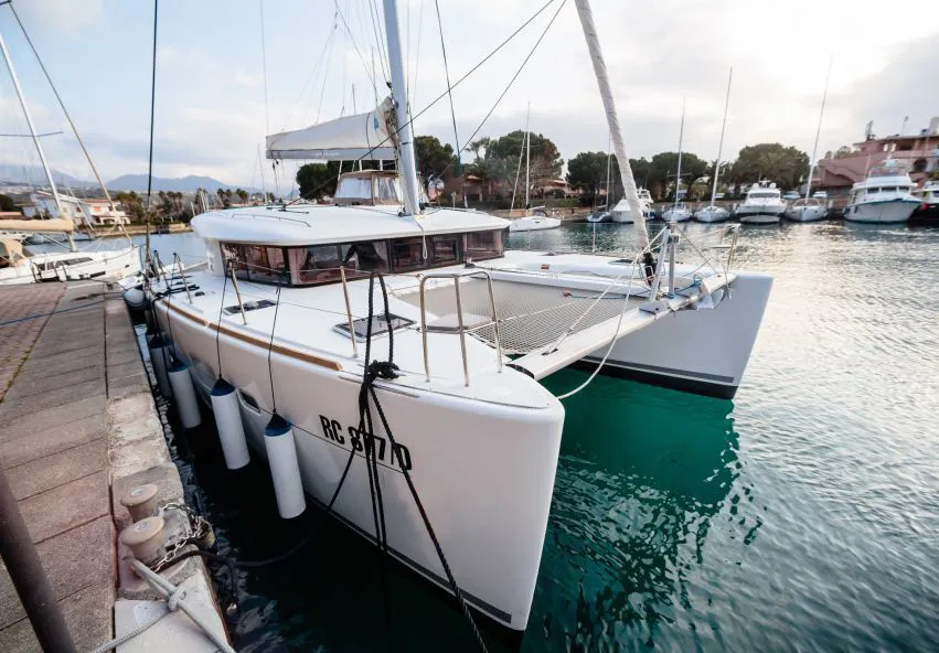 Exterior view of Auster, a Lagoon 400 S2 catamaran at Punta Ala, Italy