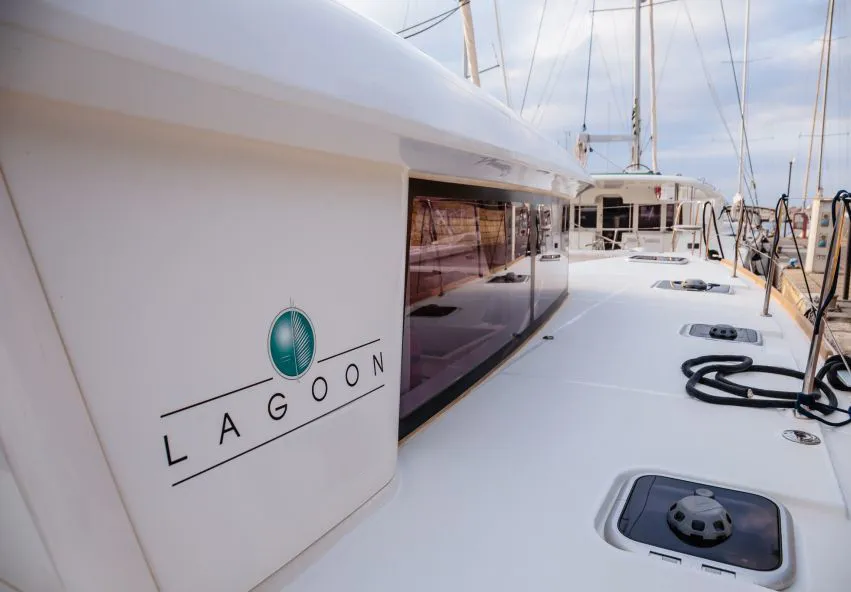 Exterior view of Auster, a Lagoon 400 S2 catamaran at Punta Ala, Italy