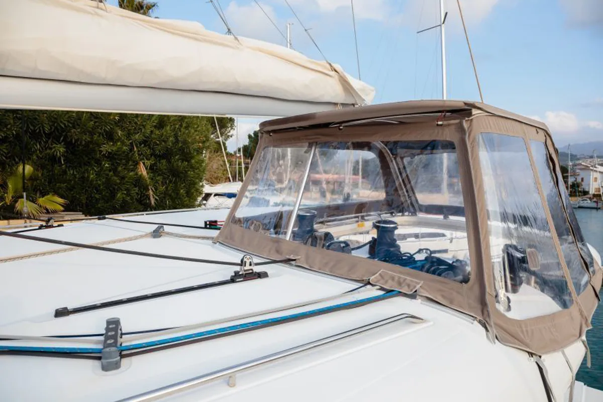 Cockpit of Auster, a Lagoon 400 S2 catamaran at Punta Ala, Italy