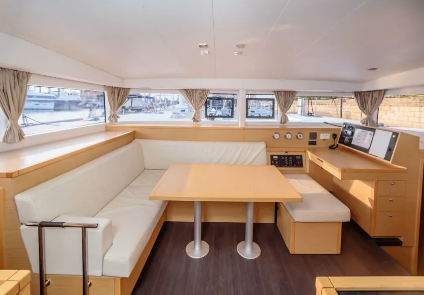 Salon of Auster, a Lagoon 400 S2 catamaran at Punta Ala, Italy